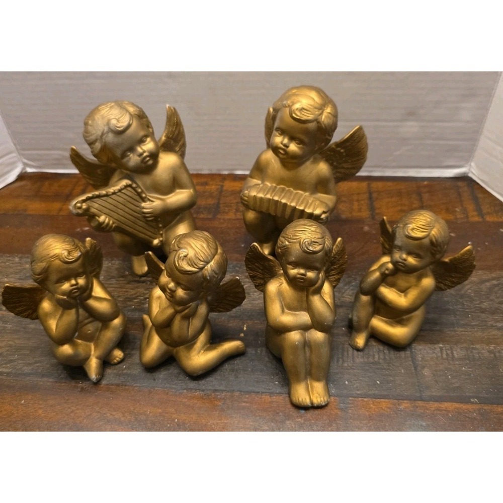 Vtg Gold Cherub Figurines Set of 6 Angel Orchestra Musicians Porcelain Japan
